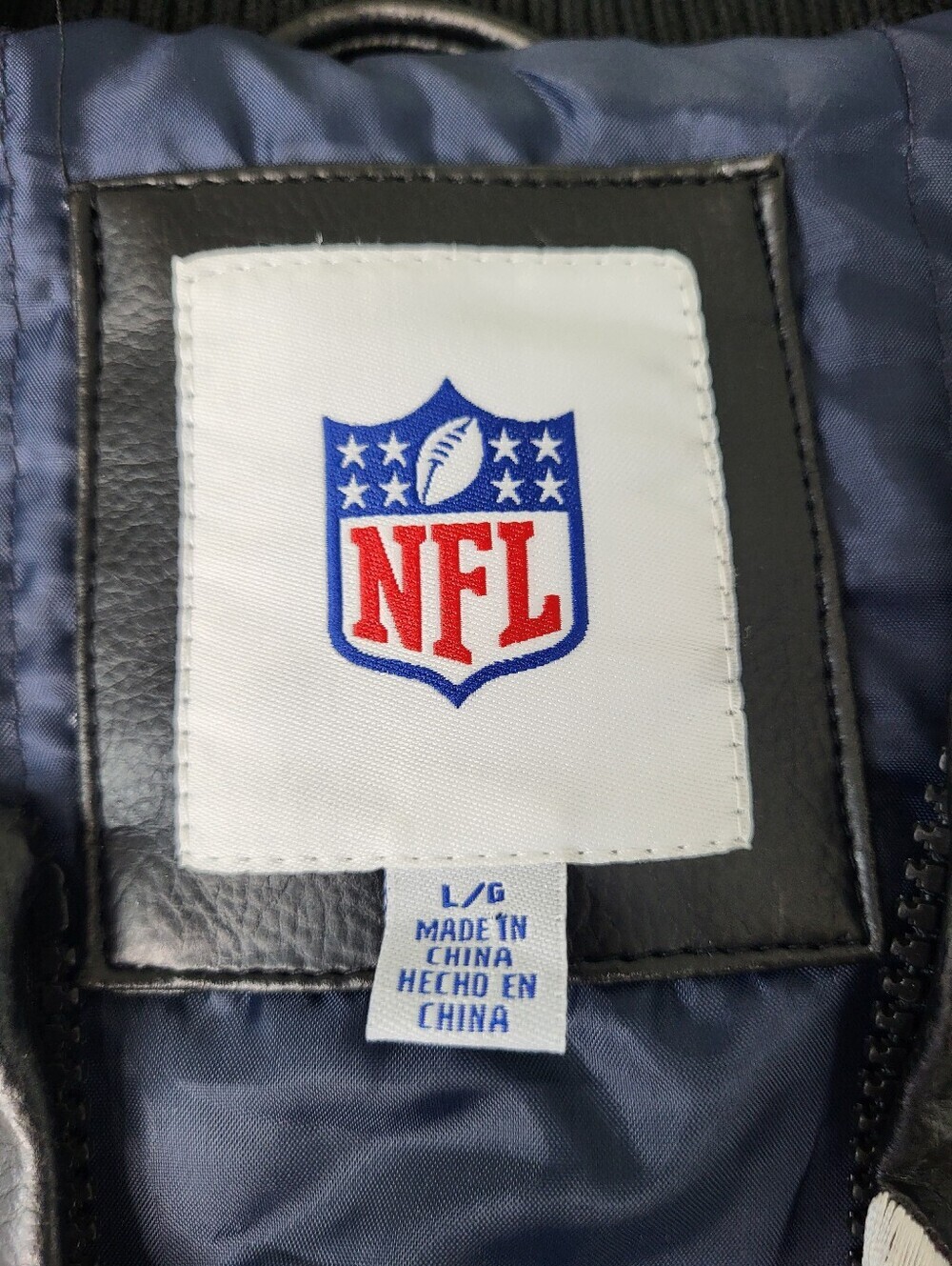 NFL Patriots Navy and Gray Leather Jacket. Faux Leather. Mens Large - Picture 11 of 16